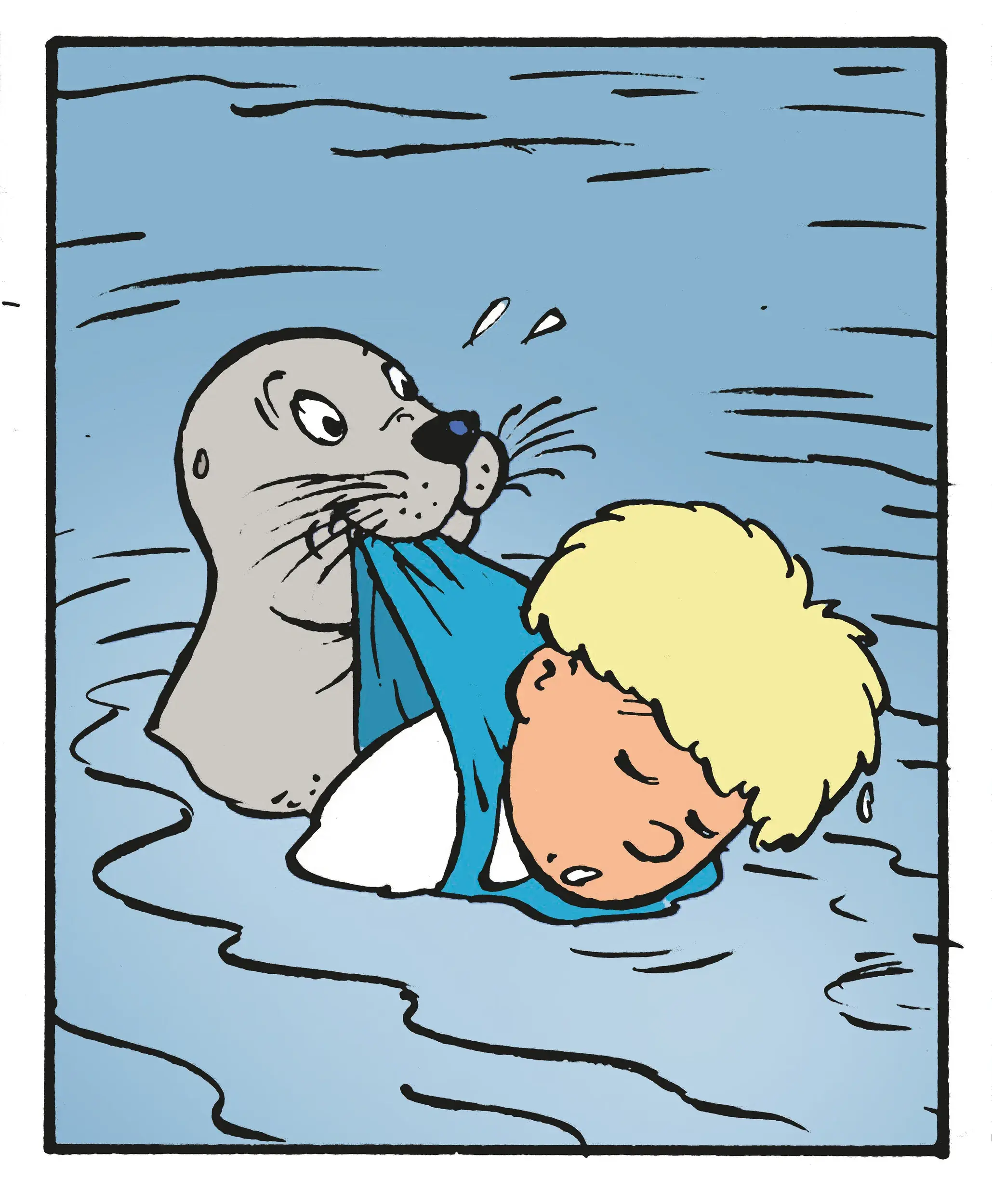 Illustratie van Dokkie de Zeehond die Jommeke redt in de Scheldehelden strip.