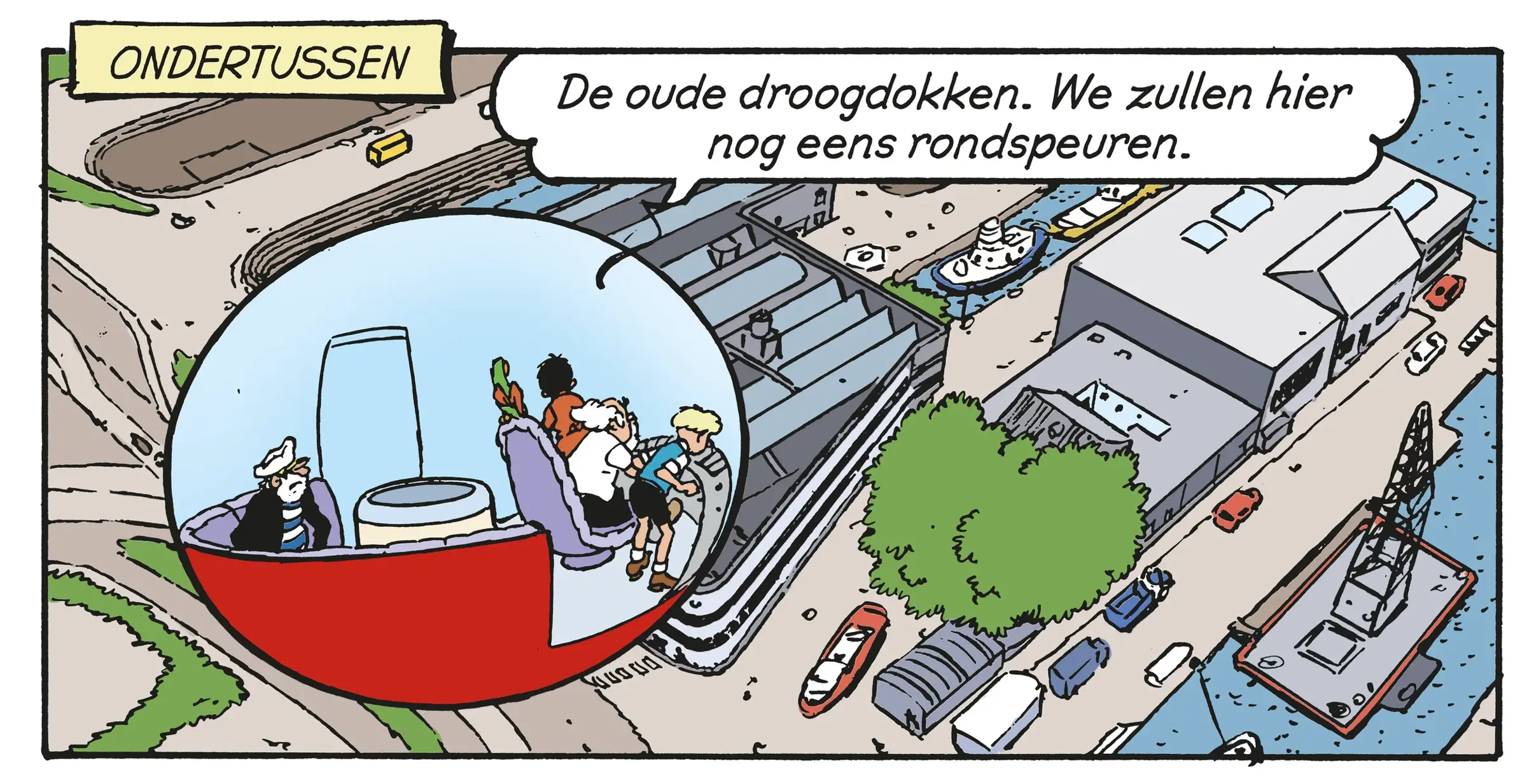 Illustratie van de Vliegende Bol boven de droogdokkensite in de Scheldehelden strip van Jommeke.