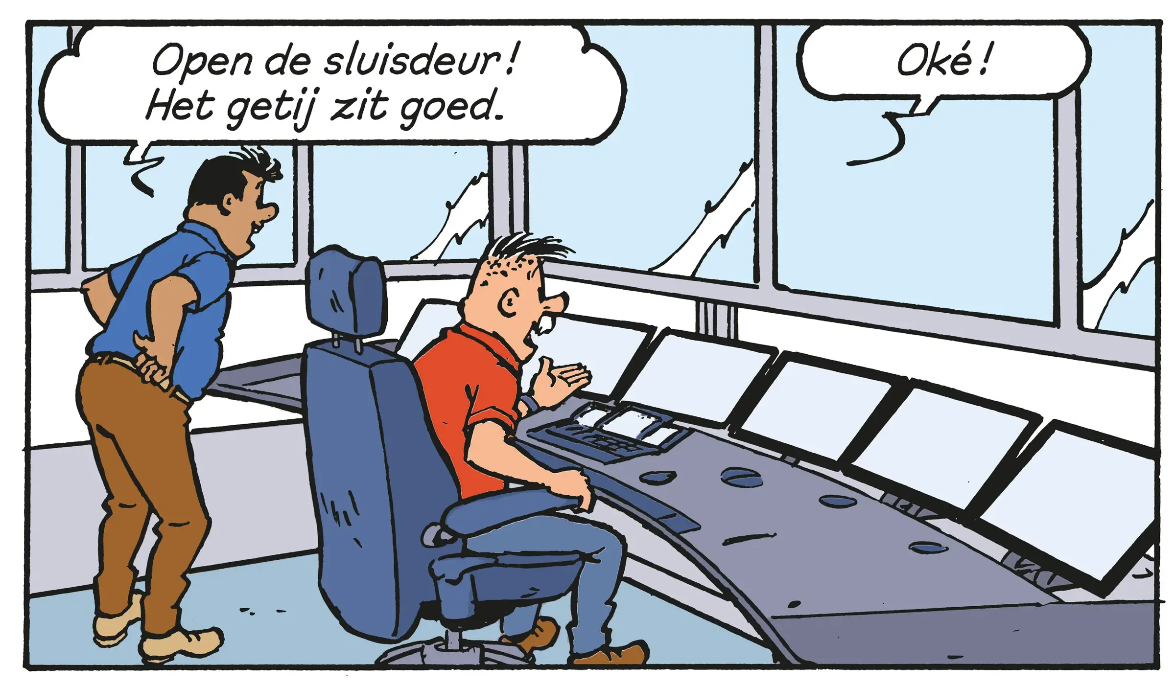 Een illustratie uit een Jommeke's Scheldenhelden album toont een werknemer die de activiteiten in de haven aan de hand van hoogtechnologische systemen monitort. 
