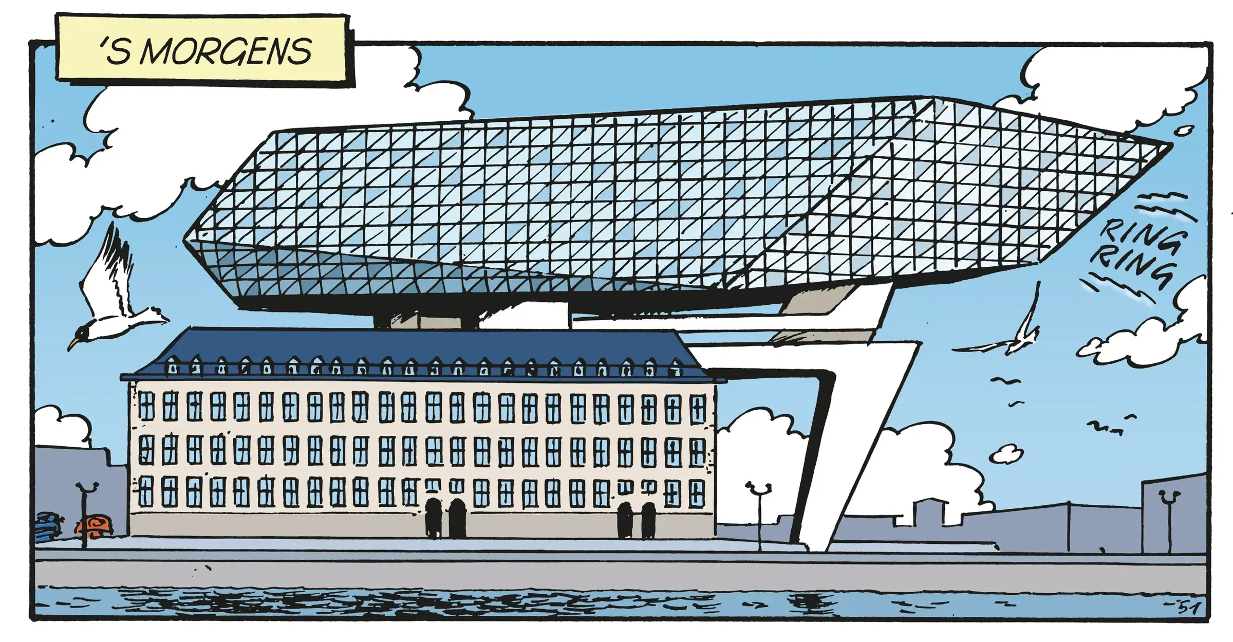 Illustratie van het Havenhuis voor de Scheldenhelden strip van Jommeke.