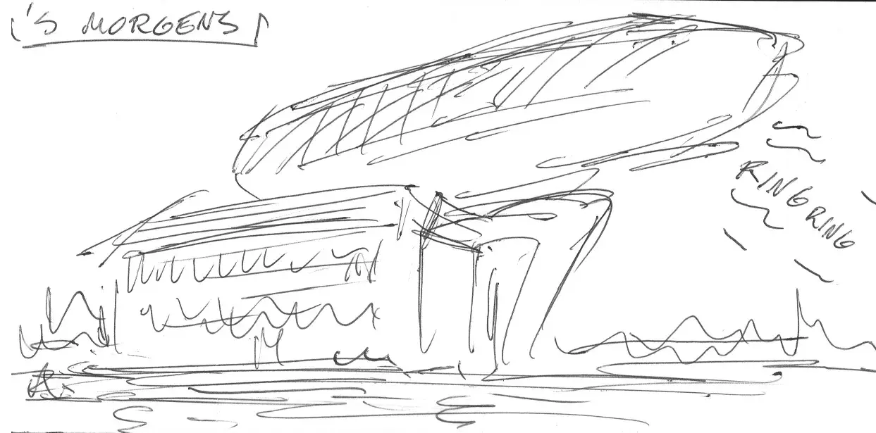 Een voorbereidende schets van het Havenhuis voor de Scheldehelden strip van Jommeke.