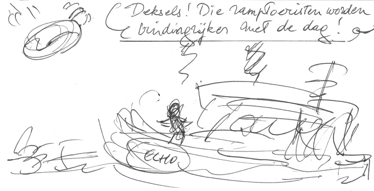Een schets van Peilboot Echo voor de strip Scheldenhelden van Jommeke.