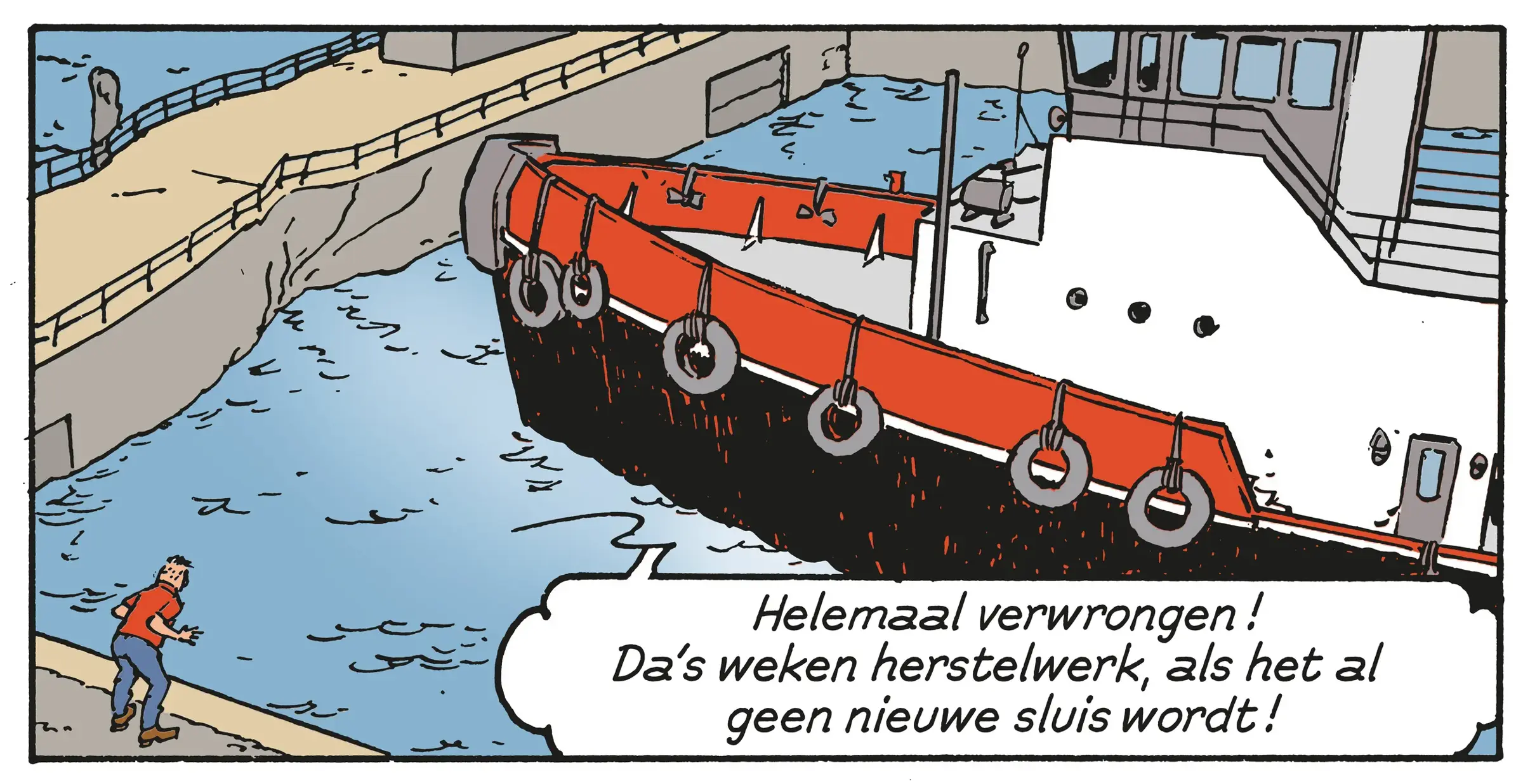 Een illustratie uit Jommeke's Scheldenhelden album toont een schip in de Pierre Vandammesluis.