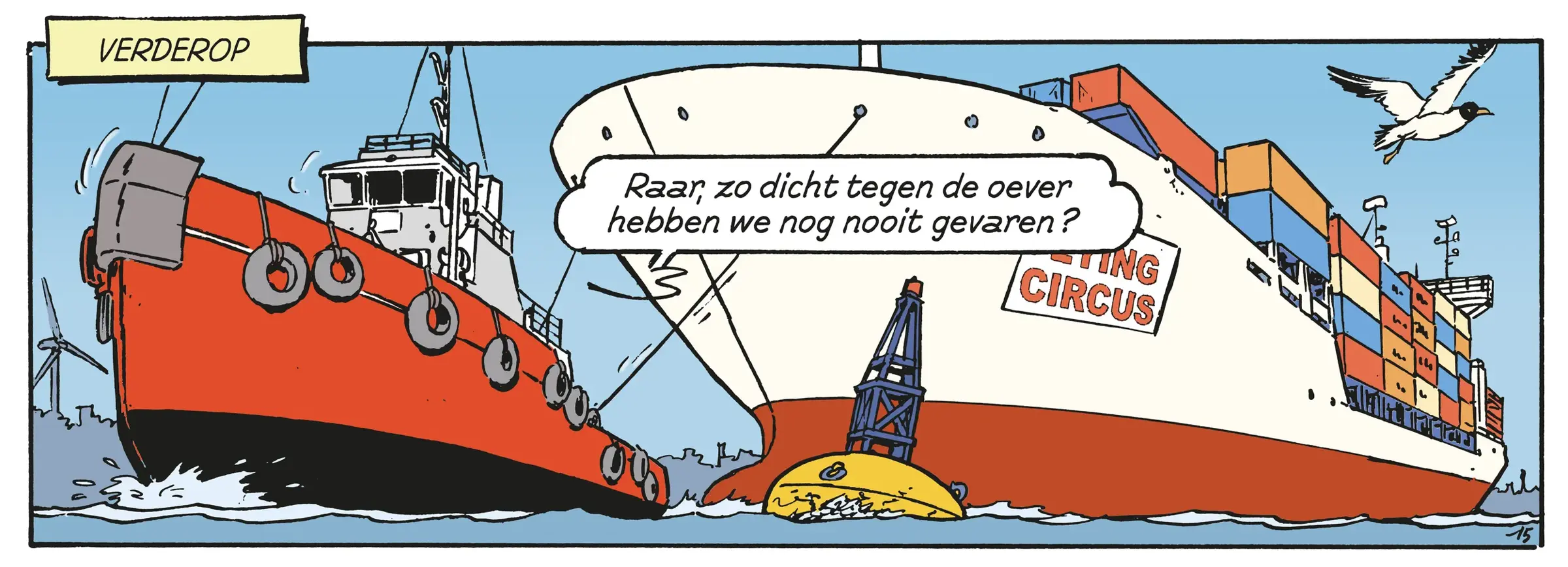 Illustratie uit de Scheldehelden strip van Jommeke van een kapitein in een stuurhut.