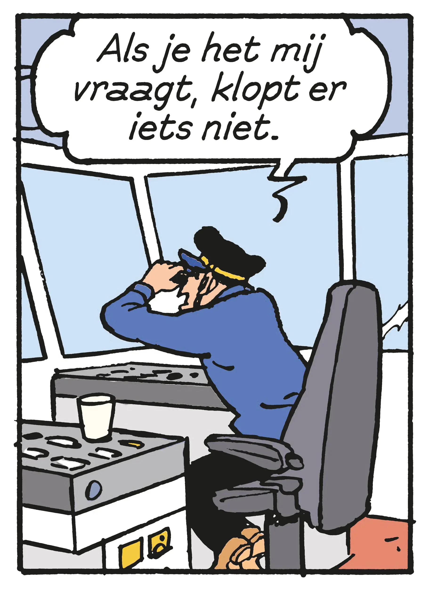 Illustratie uit de Scheldehelden strip van Jommeke van een kapitein in een stuurhut.