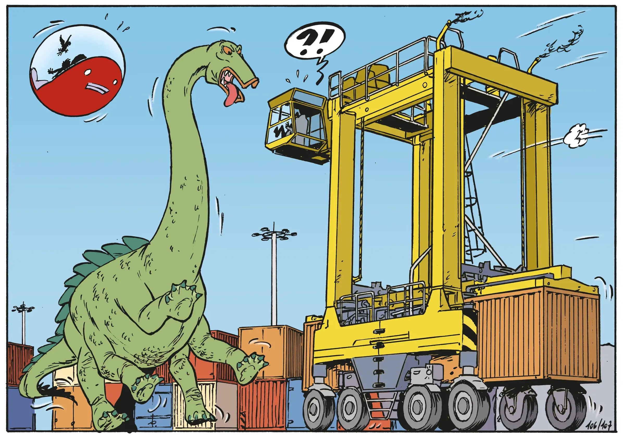 Illustratie van een straddle carrier uit het Scheldehelden album van Jommeke.
